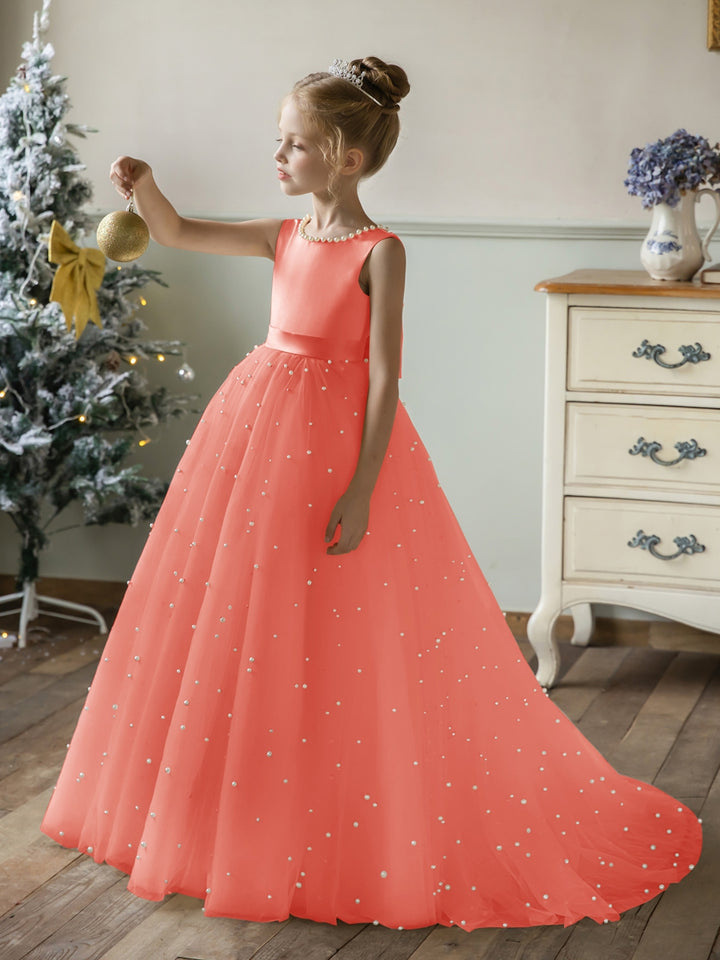 Crew Neck Tulle Flower Girl Dresses with Pearls &amp; Satin Bowknot
