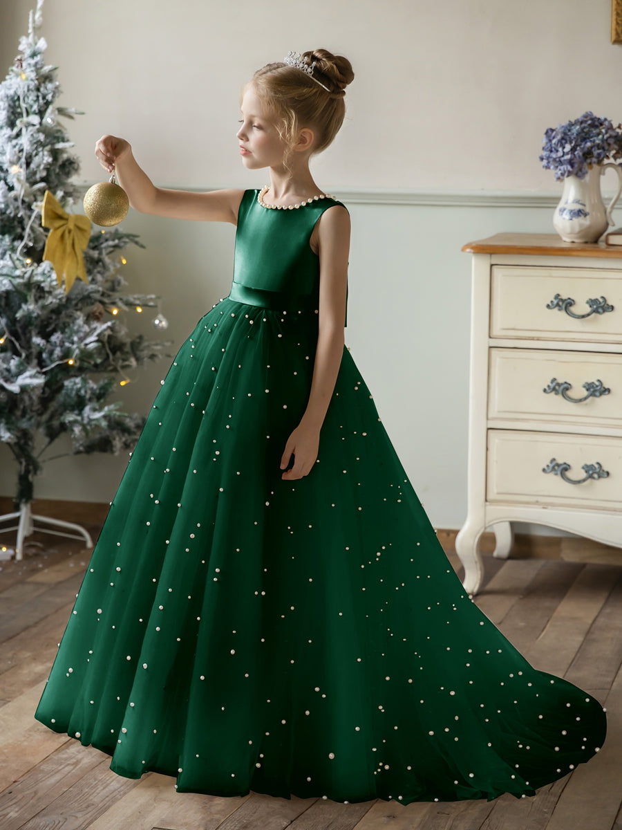 Crew Neck Tulle Flower Girl Dresses with Pearls &amp; Satin Bowknot