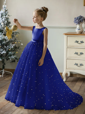 Crew Neck Tulle Flower Girl Dresses with Pearls & Satin Bowknot