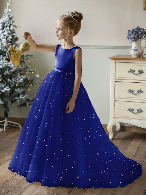 Crew Neck Tulle Flower Girl Dresses with Pearls & Satin Bowknot