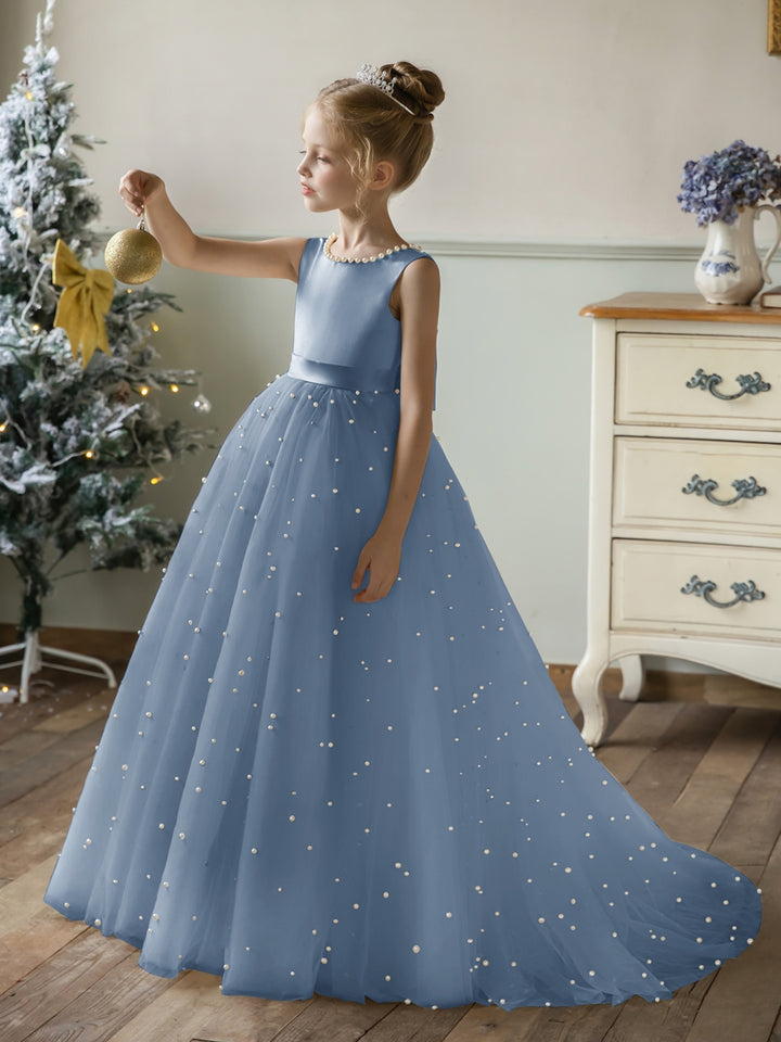 Crew Neck Tulle Flower Girl Dresses with Pearls &amp; Satin Bowknot