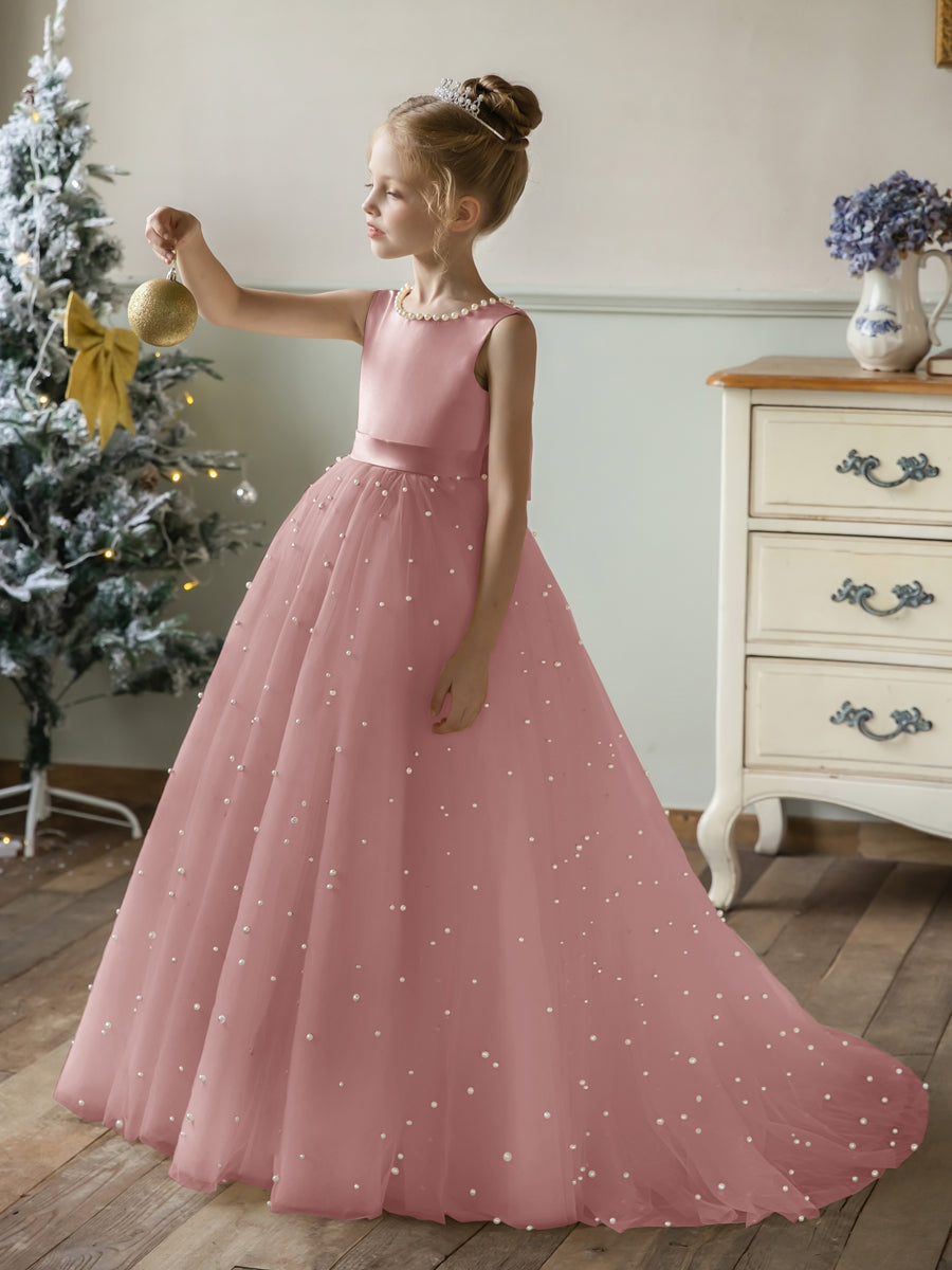 Crew Neck Tulle Flower Girl Dresses with Pearls &amp; Satin Bowknot