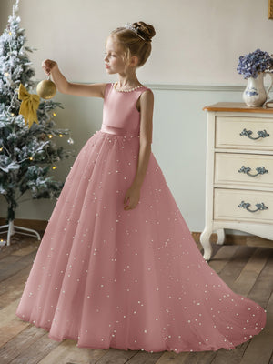 Crew Neck Tulle Flower Girl Dresses with Pearls & Satin Bowknot