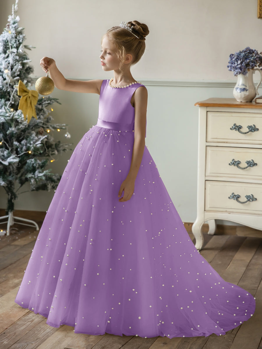 Crew Neck Tulle Flower Girl Dresses with Pearls &amp; Satin Bowknot
