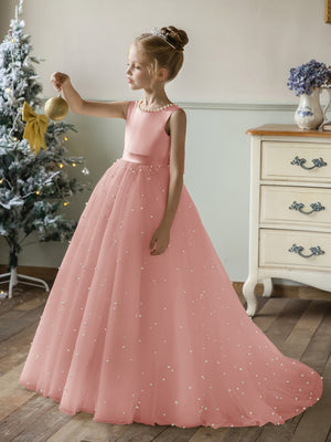 Crew Neck Tulle Flower Girl Dresses with Pearls & Satin Bowknot