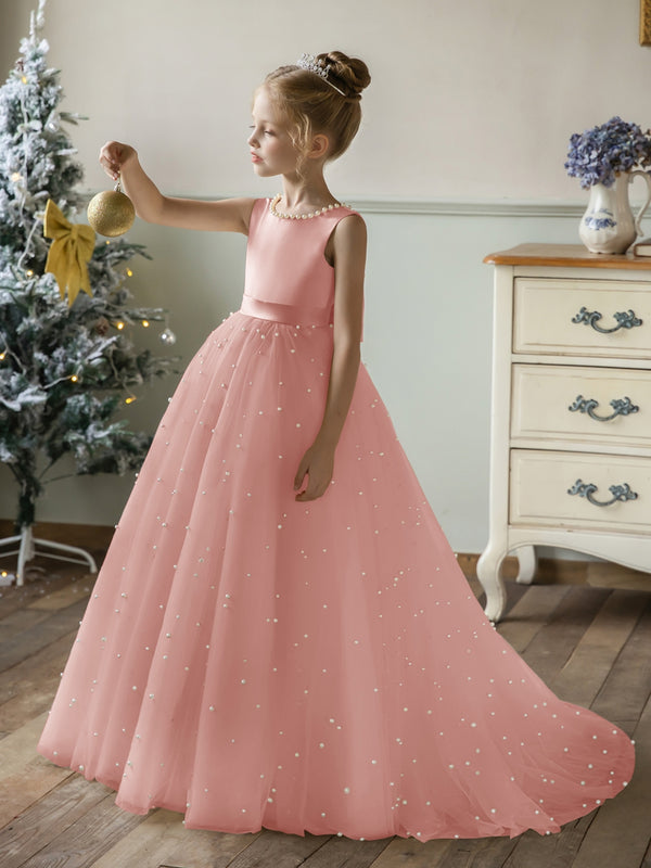 Crew Neck Tulle Flower Girl Dresses with Pearls & Satin Bowknot