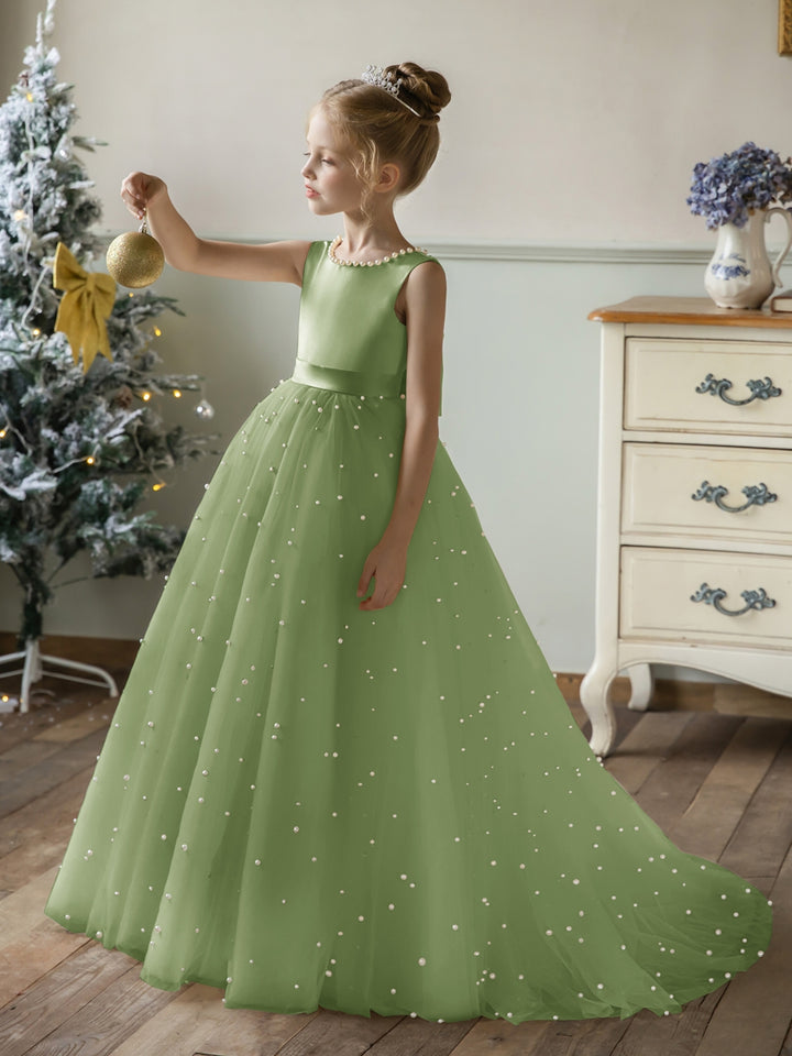 Crew Neck Tulle Flower Girl Dresses with Pearls &amp; Satin Bowknot