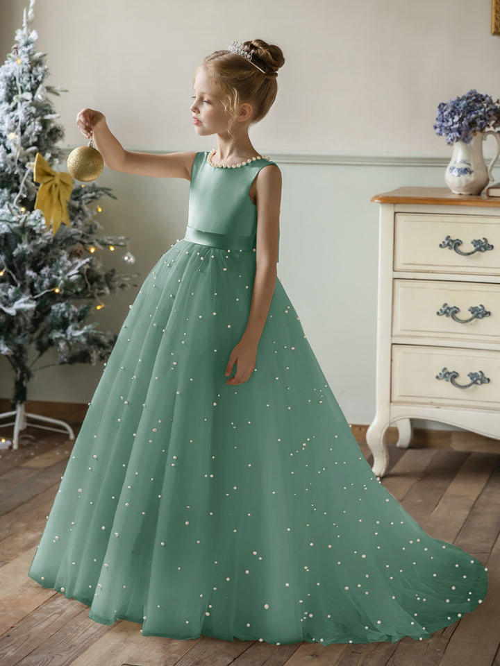 Crew Neck Tulle Flower Girl Dresses with Pearls &amp; Satin Bowknot
