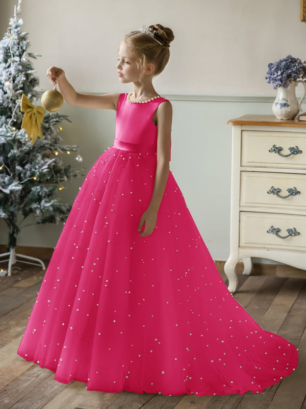 Crew Neck Tulle Flower Girl Dresses with Pearls & Satin Bowknot