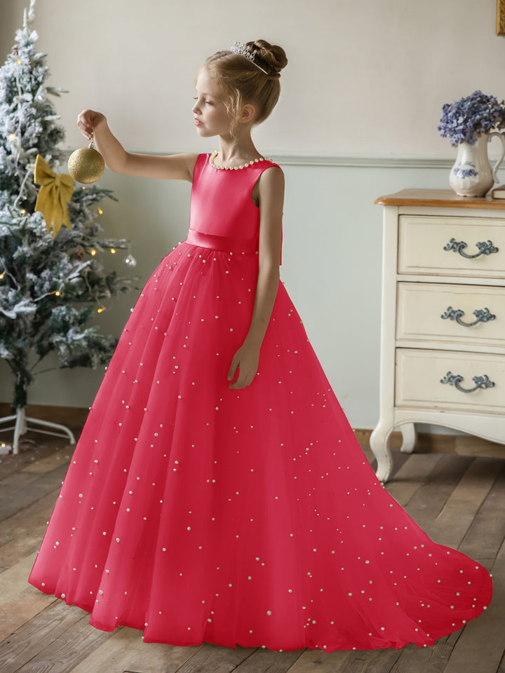 Crew Neck Tulle Flower Girl Dresses with Pearls &amp; Satin Bowknot