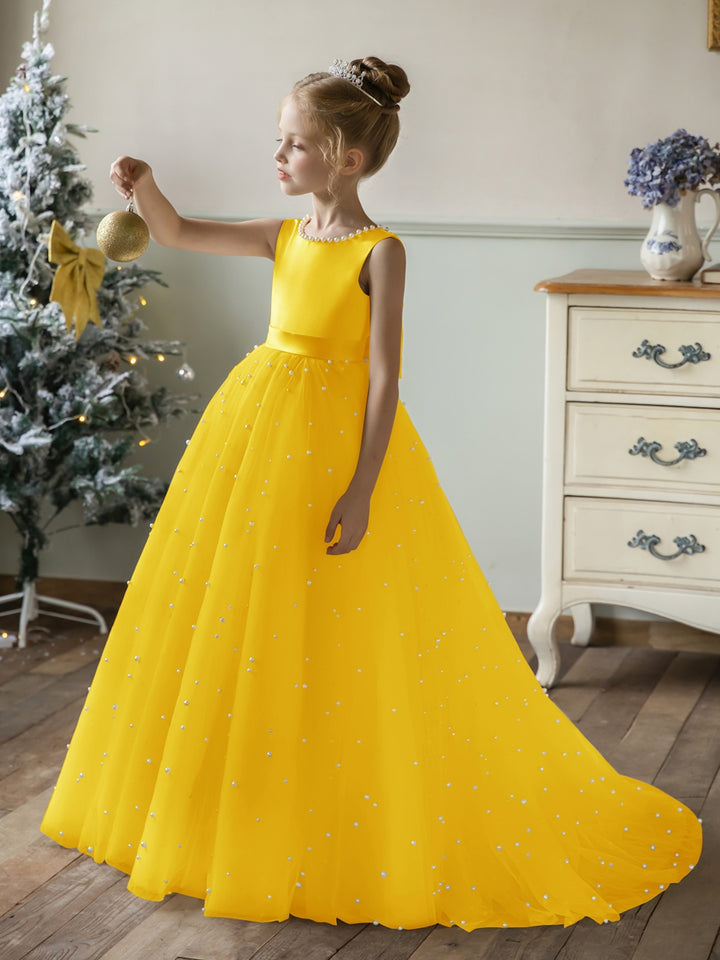 Crew Neck Tulle Flower Girl Dresses with Pearls &amp; Satin Bowknot