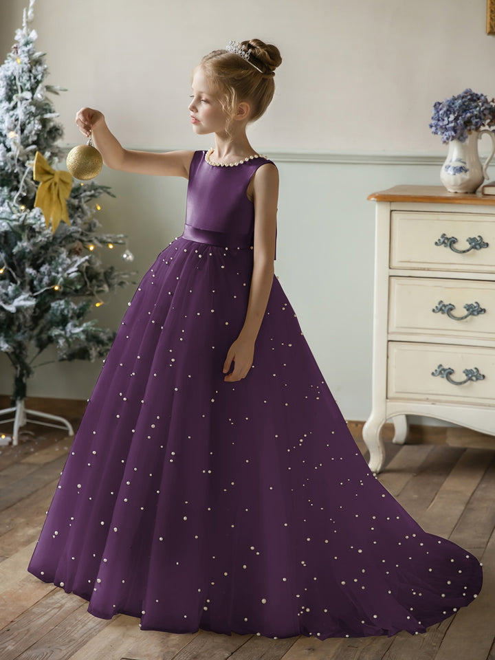 Crew Neck Tulle Flower Girl Dresses with Pearls &amp; Satin Bowknot