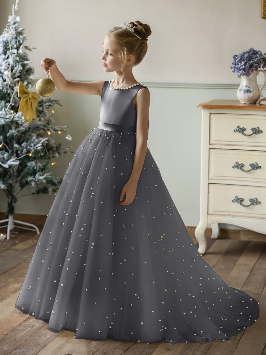 Crew Neck Tulle Flower Girl Dresses with Pearls &amp; Satin Bowknot