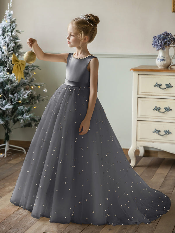 Crew Neck Tulle Flower Girl Dresses with Pearls & Satin Bowknot