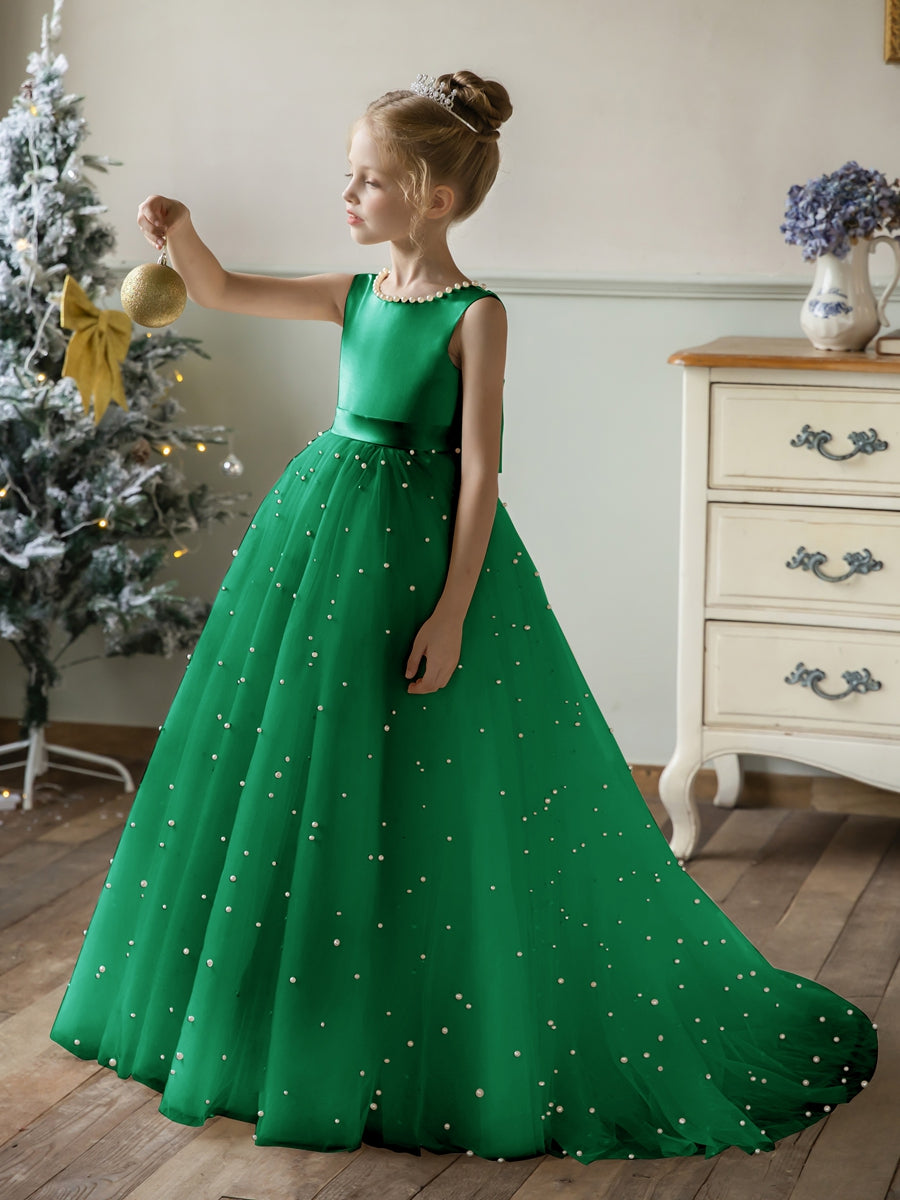 Crew Neck Tulle Flower Girl Dresses with Pearls &amp; Satin Bowknot