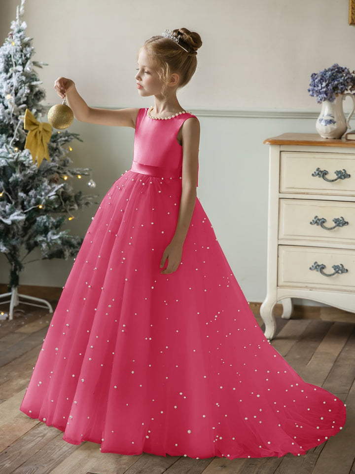 Crew Neck Tulle Flower Girl Dresses with Pearls &amp; Satin Bowknot