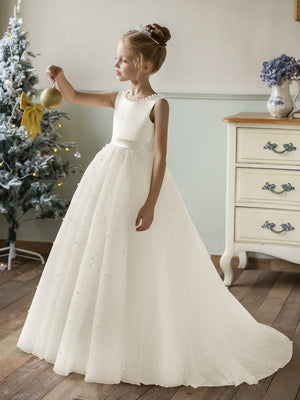 Crew Neck Tulle Flower Girl Dresses with Pearls & Satin Bowknot