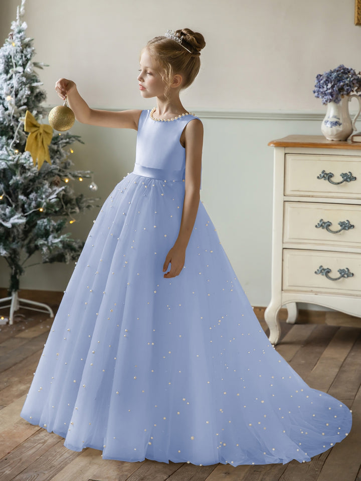 Crew Neck Tulle Flower Girl Dresses with Pearls &amp; Satin Bowknot