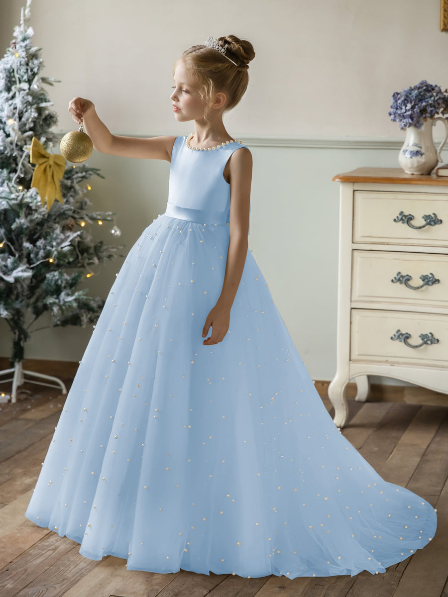 Crew Neck Tulle Flower Girl Dresses with Pearls &amp; Satin Bowknot