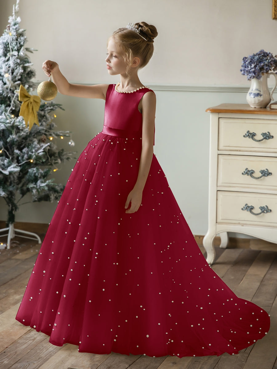 Crew Neck Tulle Flower Girl Dresses with Pearls &amp; Satin Bowknot