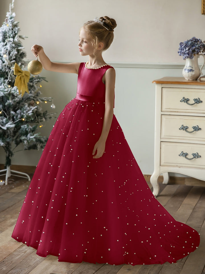 Crew Neck Tulle Flower Girl Dresses with Pearls &amp; Satin Bowknot