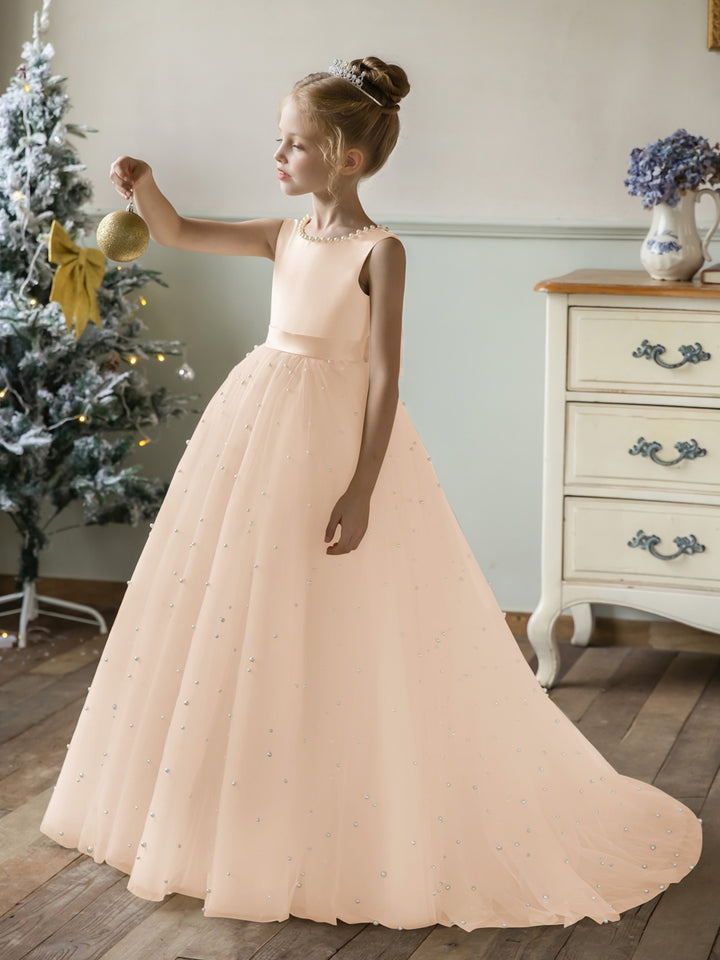 Crew Neck Tulle Flower Girl Dresses with Pearls &amp; Satin Bowknot