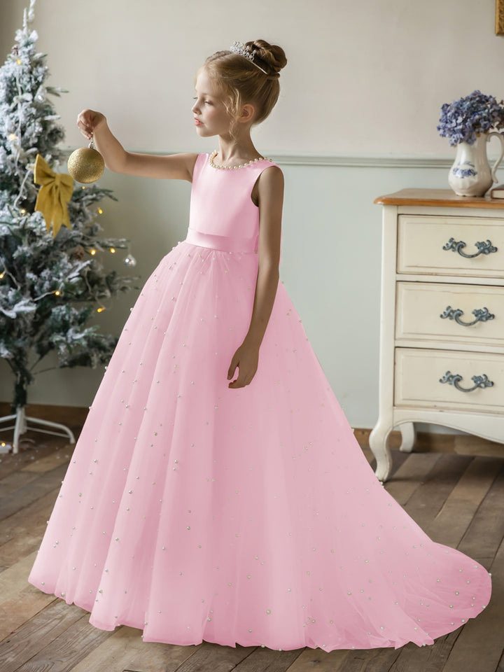 Crew Neck Tulle Flower Girl Dresses with Pearls &amp; Satin Bowknot