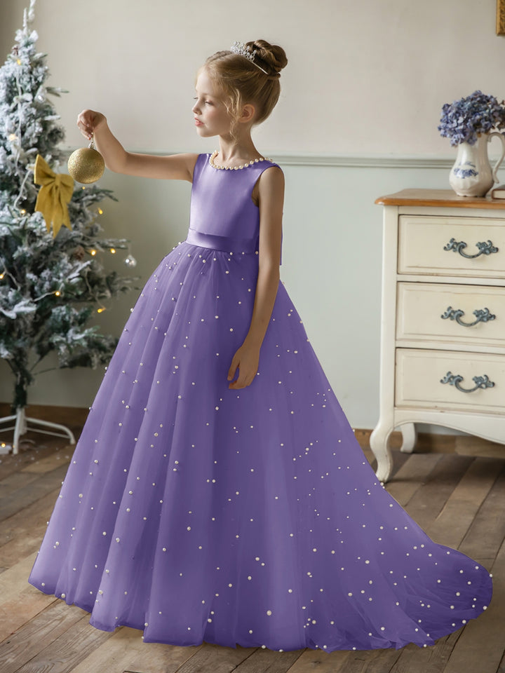 Crew Neck Tulle Flower Girl Dresses with Pearls &amp; Satin Bowknot
