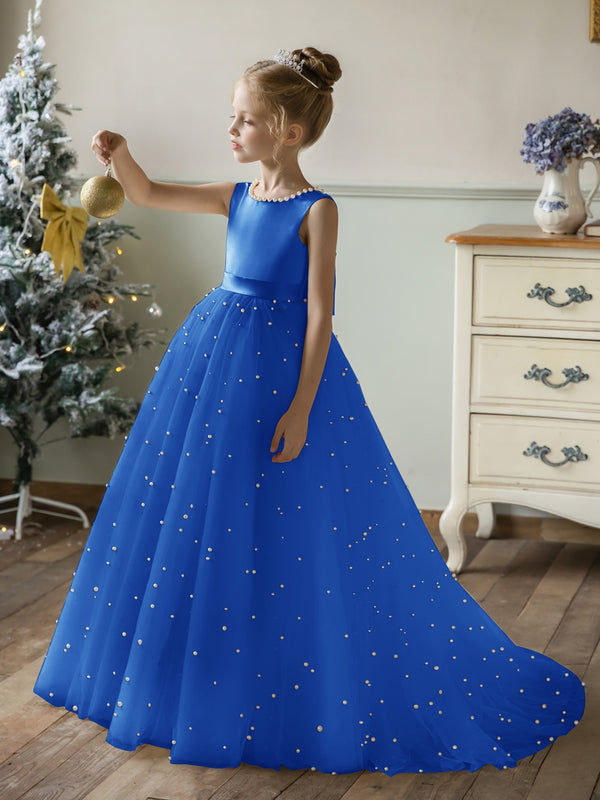 Crew Neck Tulle Flower Girl Dresses with Pearls & Satin Bowknot