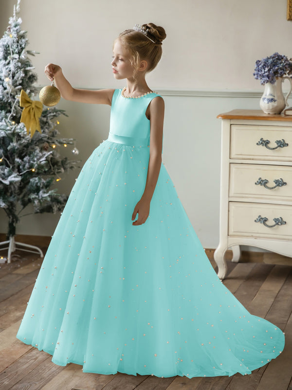 Crew Neck Tulle Flower Girl Dresses with Pearls & Satin Bowknot