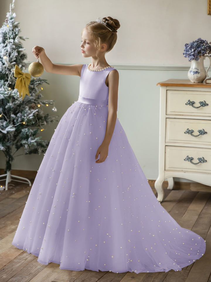 Crew Neck Tulle Flower Girl Dresses with Pearls &amp; Satin Bowknot