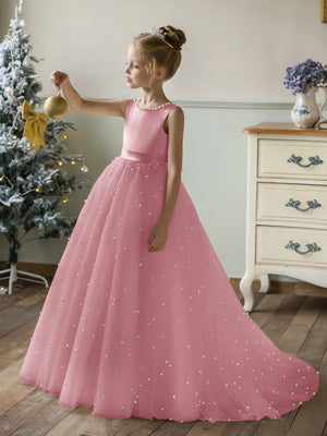 Crew Neck Tulle Flower Girl Dresses with Pearls & Satin Bowknot