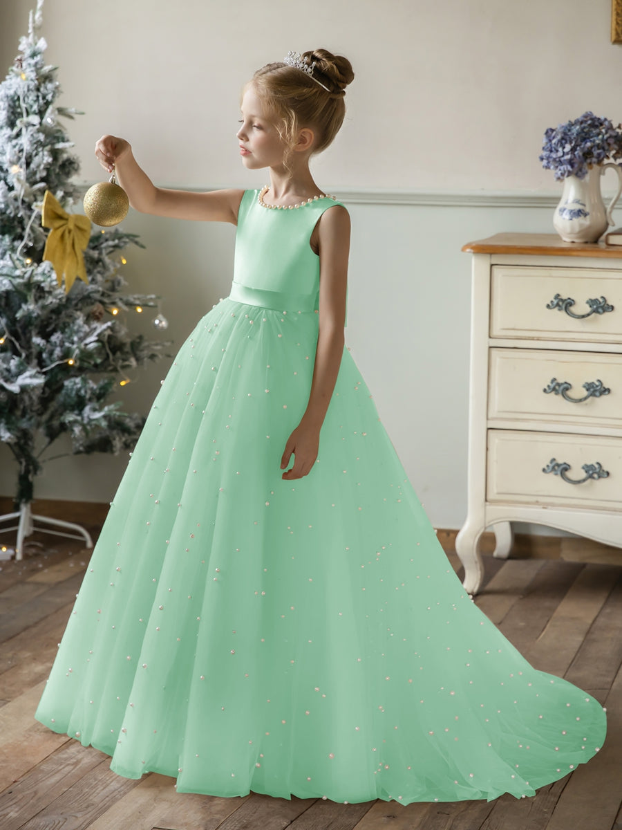 Crew Neck Tulle Flower Girl Dresses with Pearls &amp; Satin Bowknot