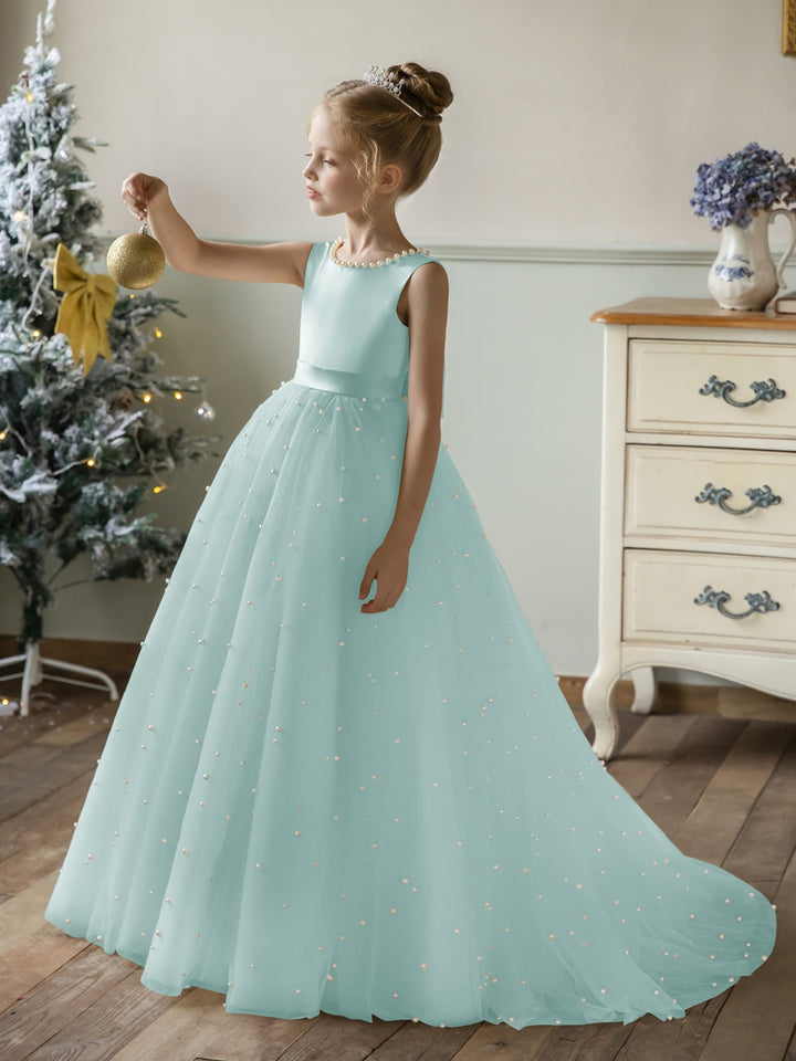 Crew Neck Tulle Flower Girl Dresses with Pearls &amp; Satin Bowknot