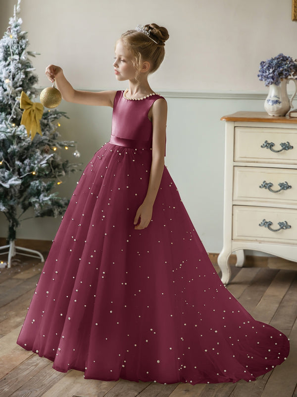 Crew Neck Tulle Flower Girl Dresses with Pearls & Satin Bowknot