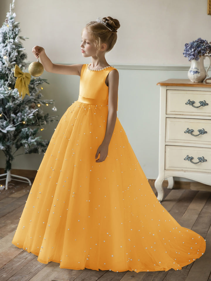 Crew Neck Tulle Flower Girl Dresses with Pearls &amp; Satin Bowknot