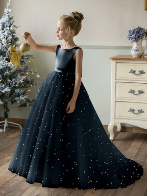 Crew Neck Tulle Flower Girl Dresses with Pearls & Satin Bowknot