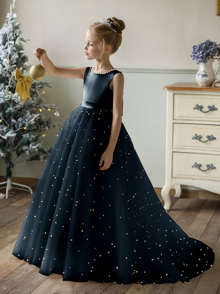 Crew Neck Tulle Flower Girl Dresses with Pearls &amp; Satin Bowknot