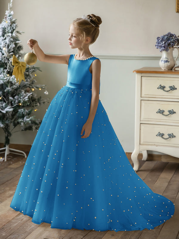 Crew Neck Tulle Flower Girl Dresses with Pearls & Satin Bowknot