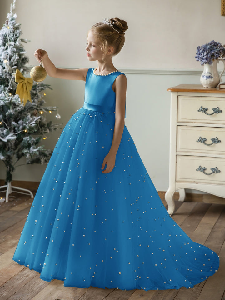 Crew Neck Tulle Flower Girl Dresses with Pearls &amp; Satin Bowknot