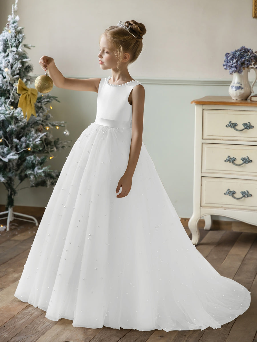 Crew Neck Tulle Flower Girl Dresses with Pearls &amp; Satin Bowknot