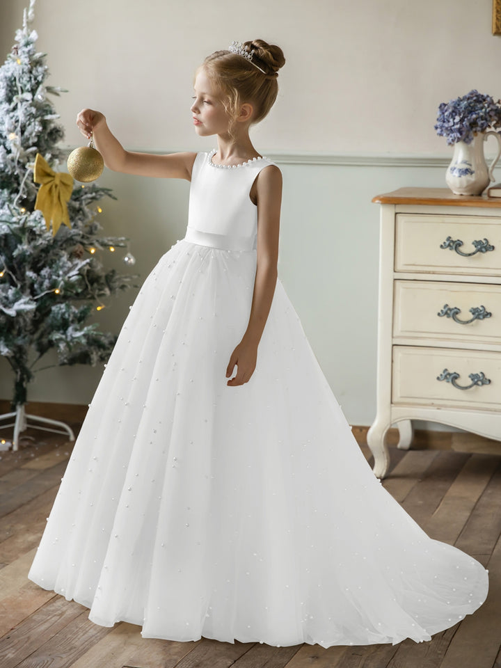Crew Neck Tulle Flower Girl Dresses with Pearls &amp; Satin Bowknot