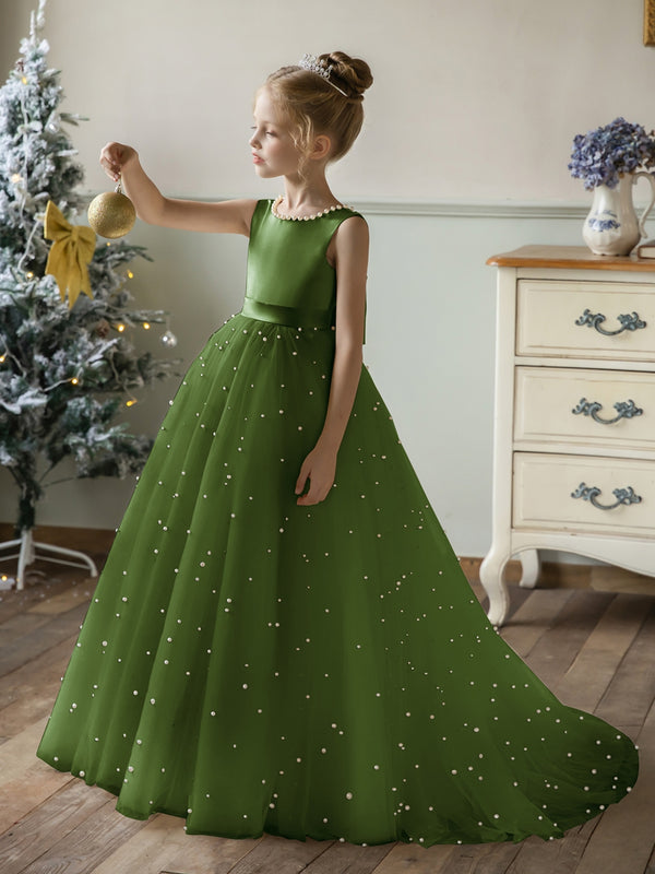 Crew Neck Tulle Flower Girl Dresses with Pearls & Satin Bowknot