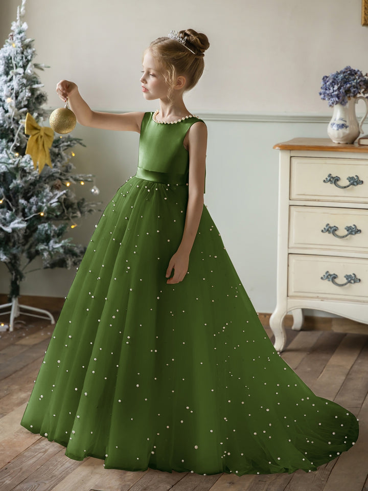 Crew Neck Tulle Flower Girl Dresses with Pearls &amp; Satin Bowknot