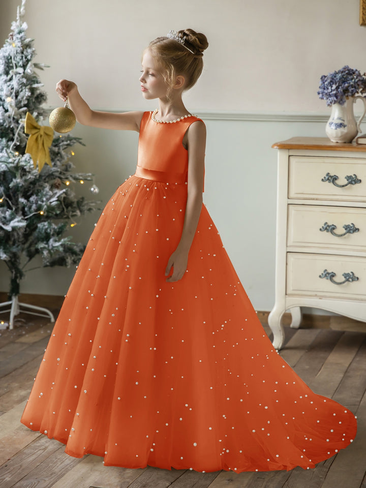 Crew Neck Tulle Flower Girl Dresses with Pearls &amp; Satin Bowknot