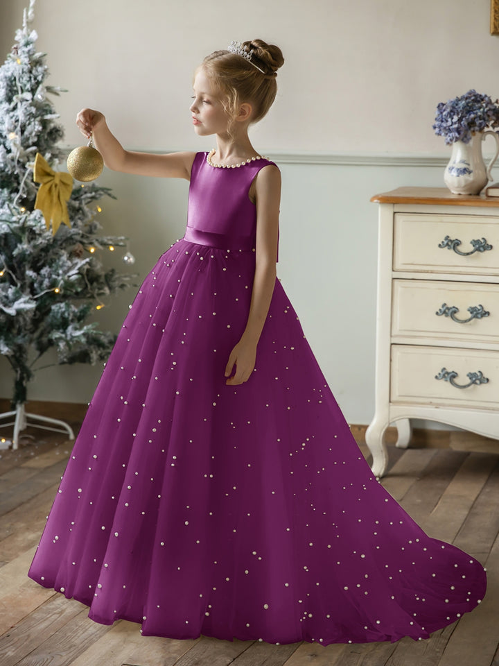 Crew Neck Tulle Flower Girl Dresses with Pearls &amp; Satin Bowknot