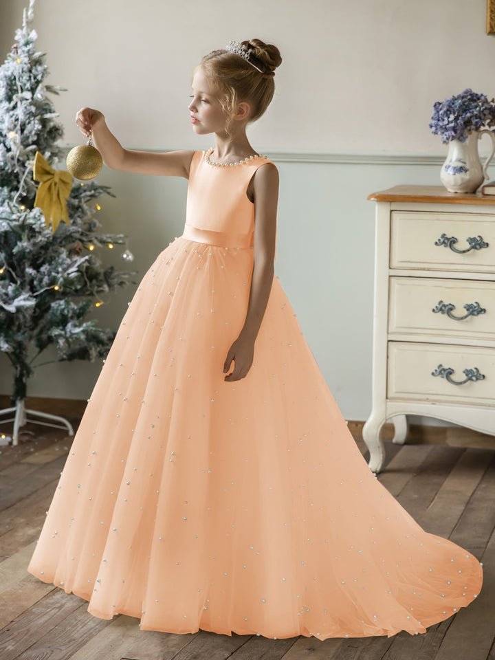 Crew Neck Tulle Flower Girl Dresses with Pearls &amp; Satin Bowknot