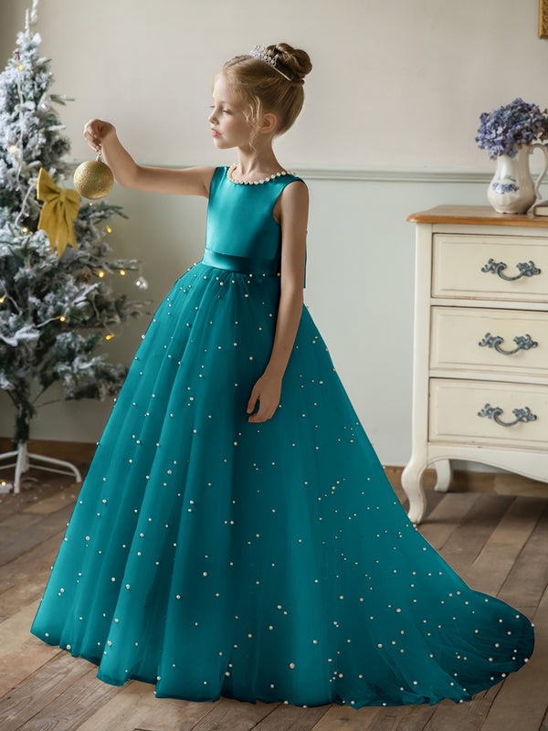 Crew Neck Tulle Flower Girl Dresses with Pearls & Satin Bowknot