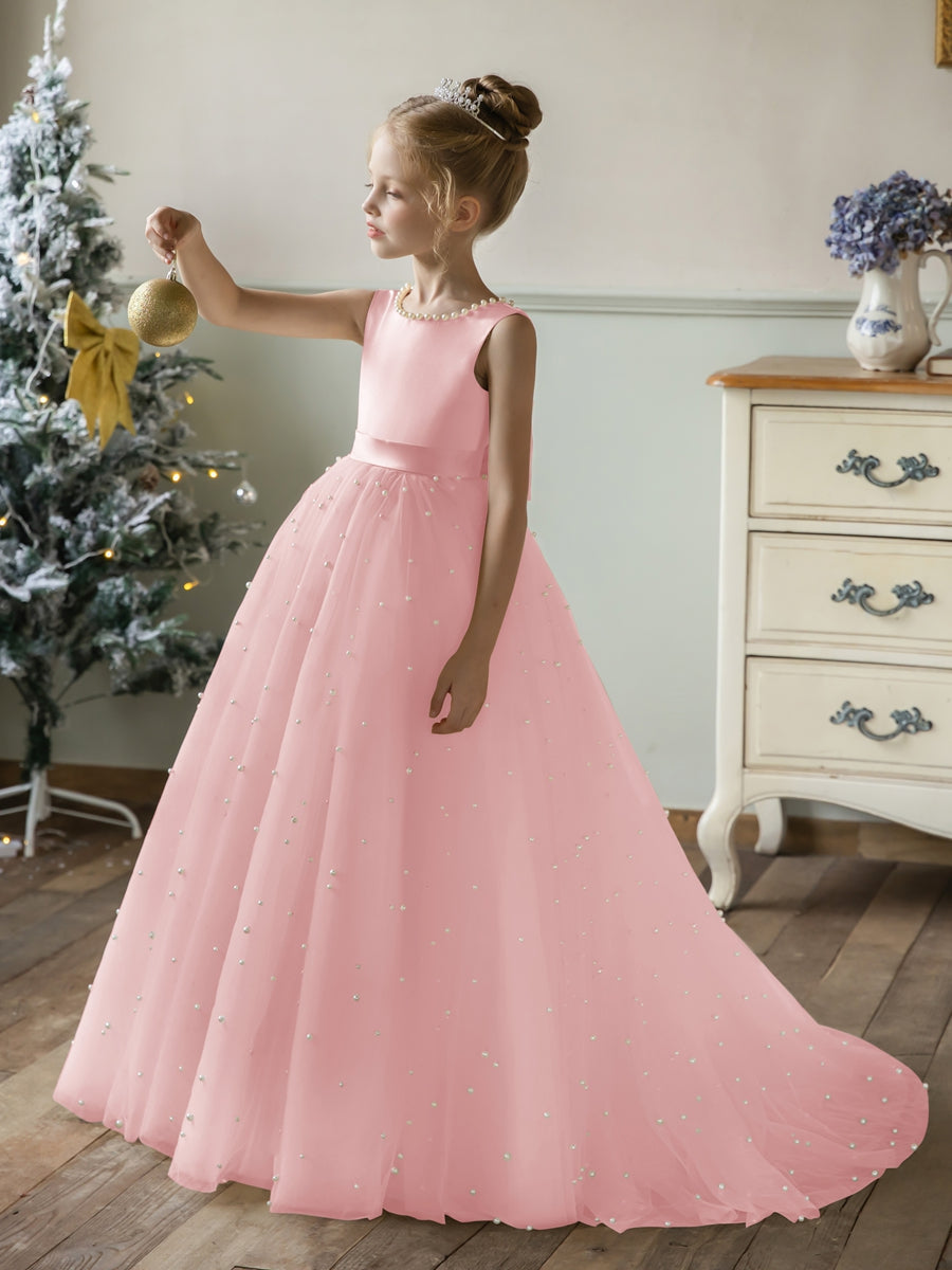 Crew Neck Tulle Flower Girl Dresses with Pearls &amp; Satin Bowknot