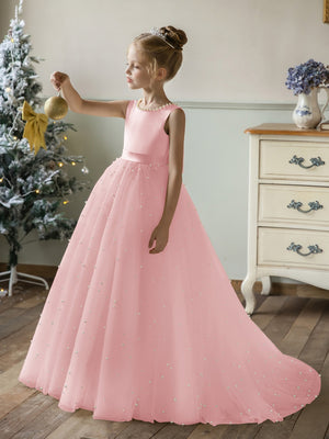 Crew Neck Tulle Flower Girl Dresses with Pearls & Satin Bowknot